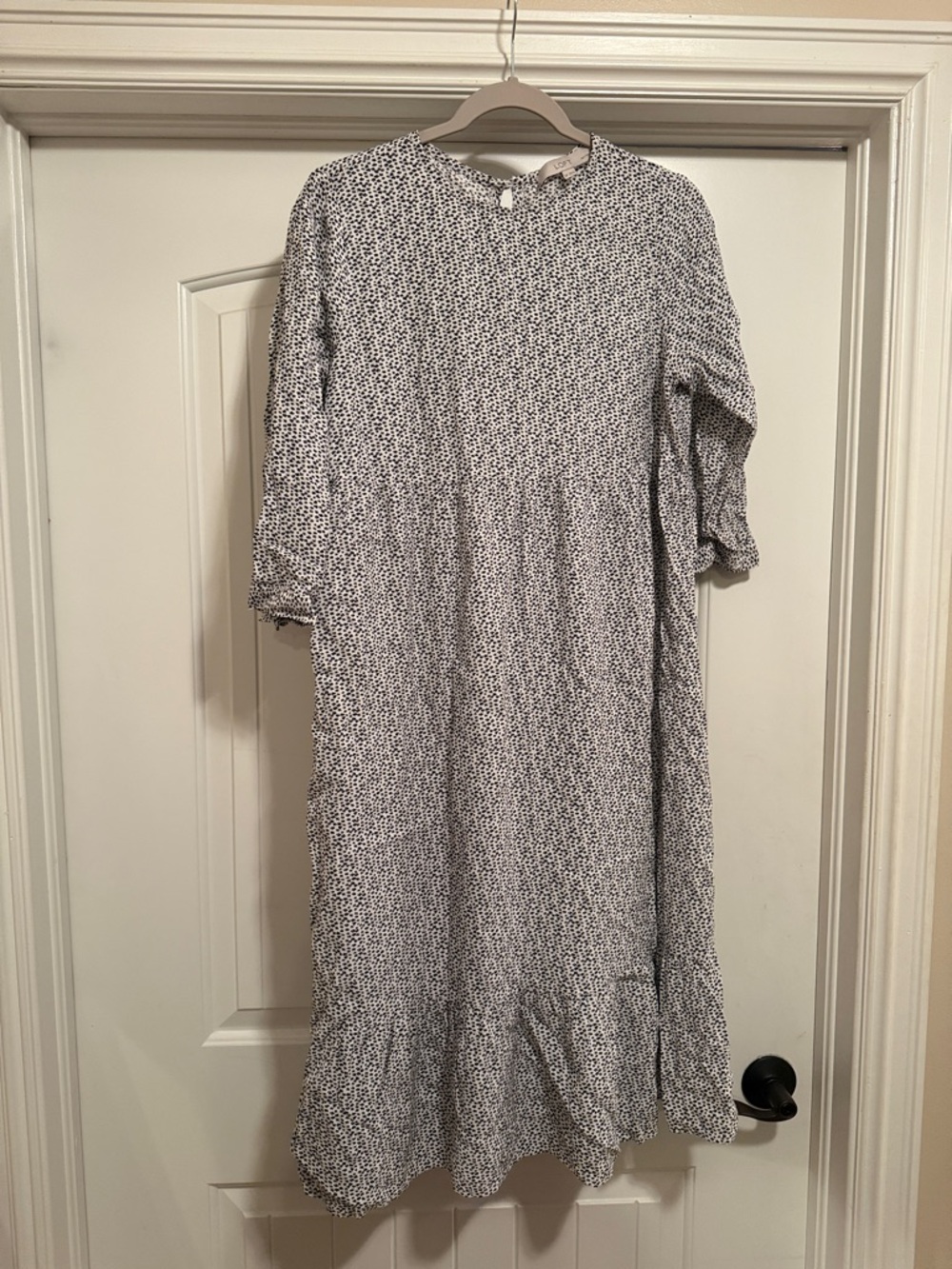 LOFT Ditsy Floral Print Black & White Midi Dress with Ruffle Hem